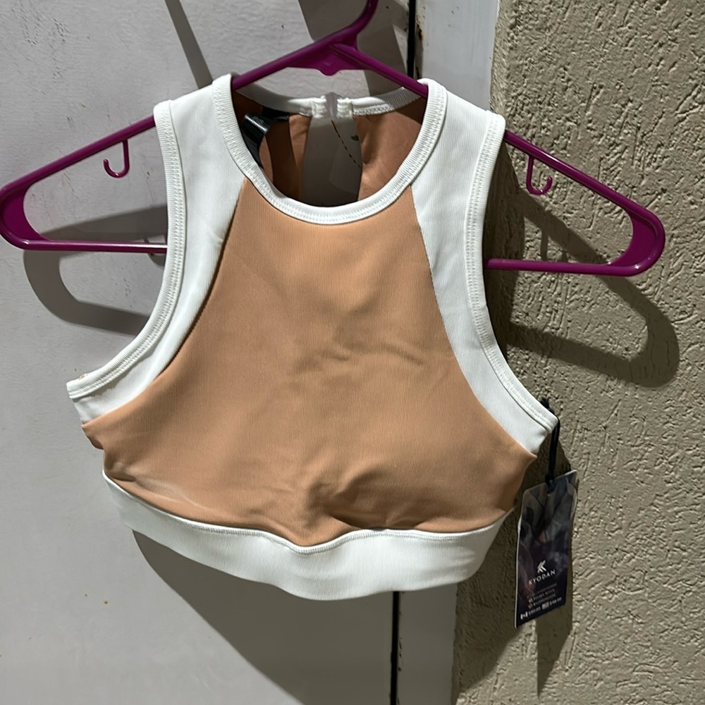 NWT Kyodan Rib Tan White Open Back Sports Bra Halter Athletic Top Exercise Yoga
